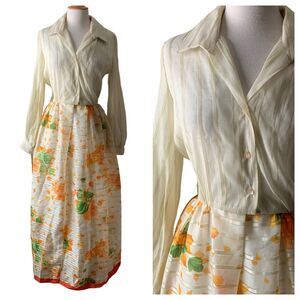 Vintage 1970s Victor Costa Long Sleeve Orange Floral Maxi Dress - Medium